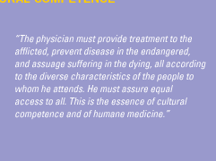 'The physician must provide treatment to the afflicted, prevent disease in the endangered, and assuage suffering in the dying, all according to the diverse characteristics of the people to whom he attends. He must assure equal access to all. This is the essence of cultural competence and of humane medicine.'