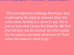 'The most important challenge Americans  face in eliminating the disparity between black and white infant mortality is a research gap: We're just not sure what causes this disparity. We think that infection may be involved, but what causes the discrepancy and what will prevent it? That's where the research needs to go.'