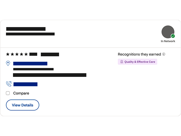 A provider’s profile showing in-network status, star rating, contact details, recognitions earned and “Quality & Effective” label. There is a “View Details” button.