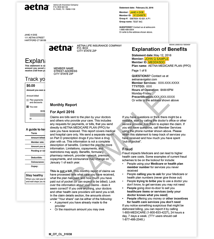 Two Explanation of Benefits statements. One statement shows a sample 10-character member ID in a highlighted, outlined box. The other statement shows a sample 8-character member ID in a highlighted, outlined box.