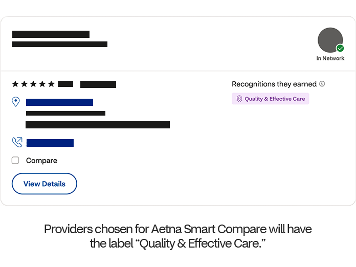 A provider’s profile showing in-network status, star rating, contact details, recognitions earned and “Quality & Effective” label. There is a “View Details” button.