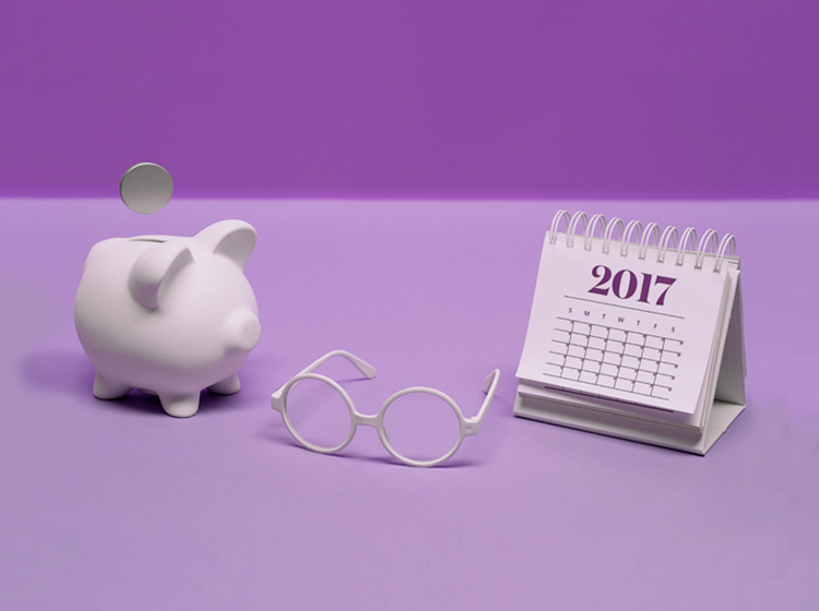 Piggy bank, glasses, calendar graphic